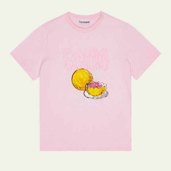 GANNI Grapefruit Graphic Tee sz XS 100% Organic Cotton Pink Logo Jersey T-Shirt - Picture 1 of 6